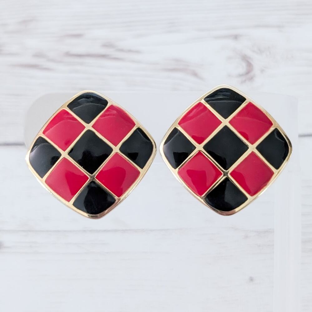 Vintage Clip On Earrings Black, Red, Gold Tone Checkered Pattern